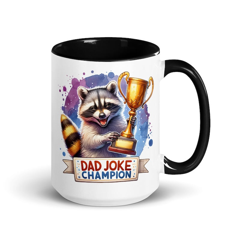 Mug with a raccoon holding a trophy and 'Dad Joke Champion' text on a white background