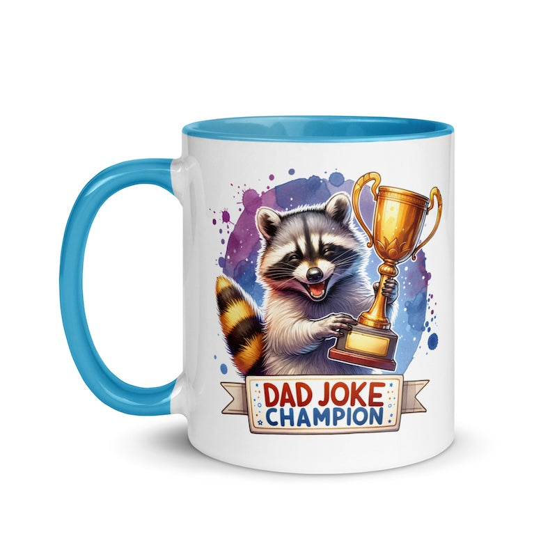 Mug with raccoon holding a trophy and 'Dad Joke Champion' text on a white background