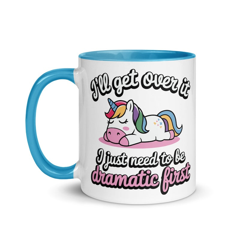 Mug with unicorn illustration and humorous text on a white background
