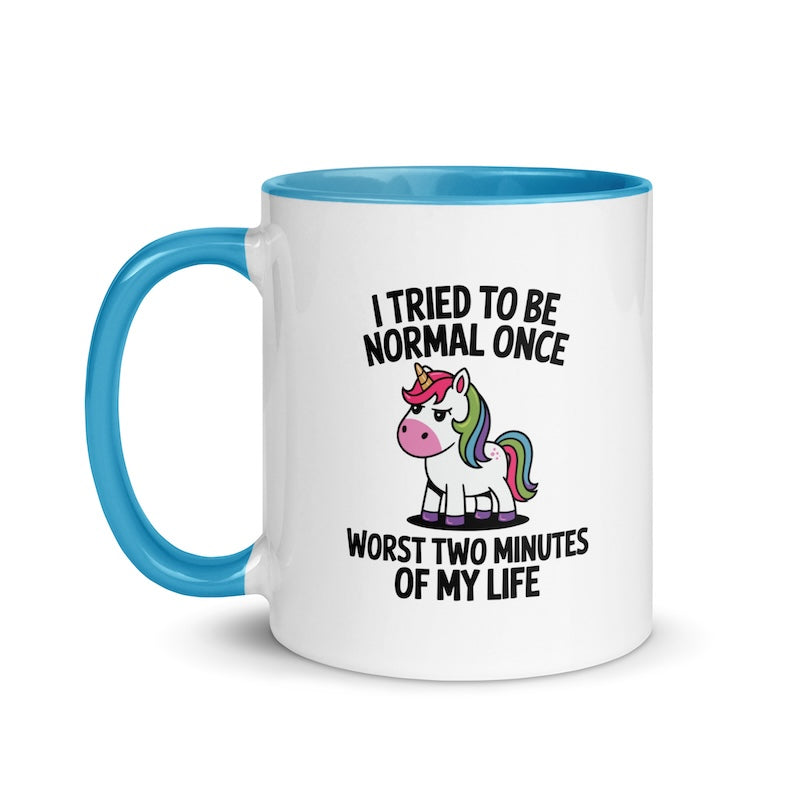 Mug with unicorn graphic and humorous text on a white background