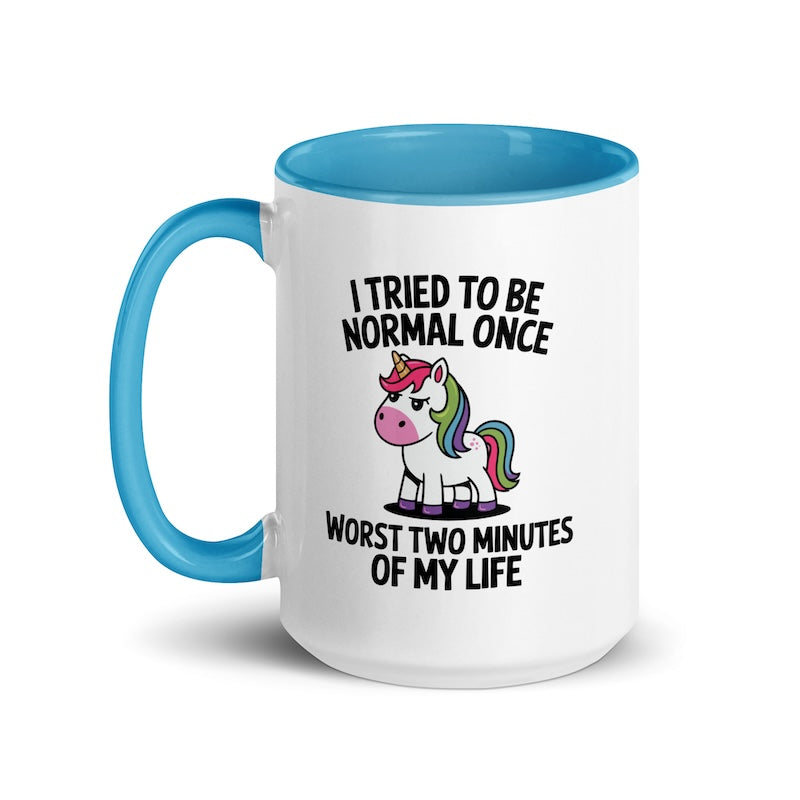 Mug with unicorn design and text on a white background