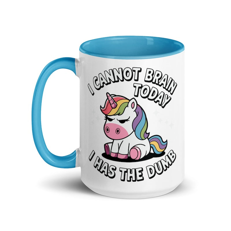 Mug with a unicorn design and humorous text on a white background