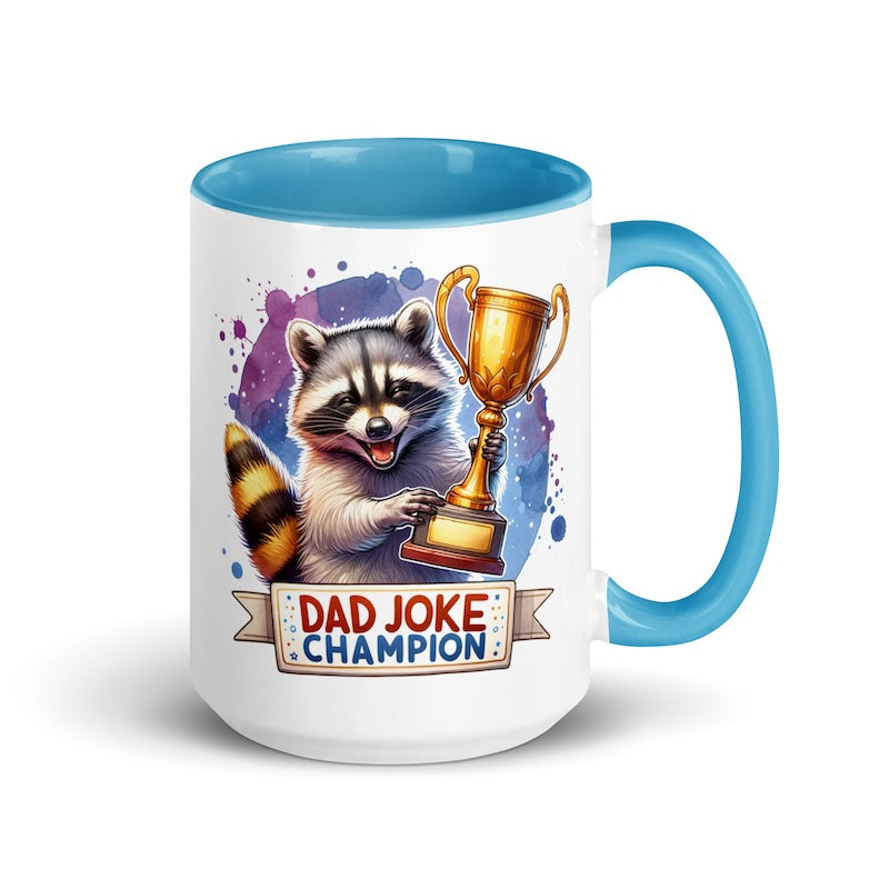 Mug with raccoon holding a trophy and 'Dad Joke Champion' text on a white background