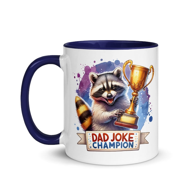 Mug with raccoon holding a trophy and 'Dad Joke Champion' text on a white background