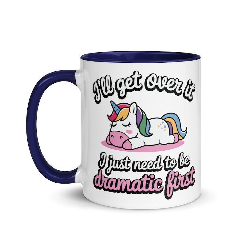 Mug with unicorn design and humorous text on a white background