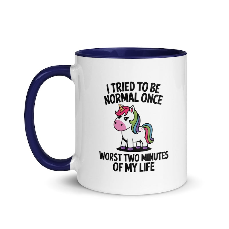 Mug with unicorn graphic and humorous text on a white background