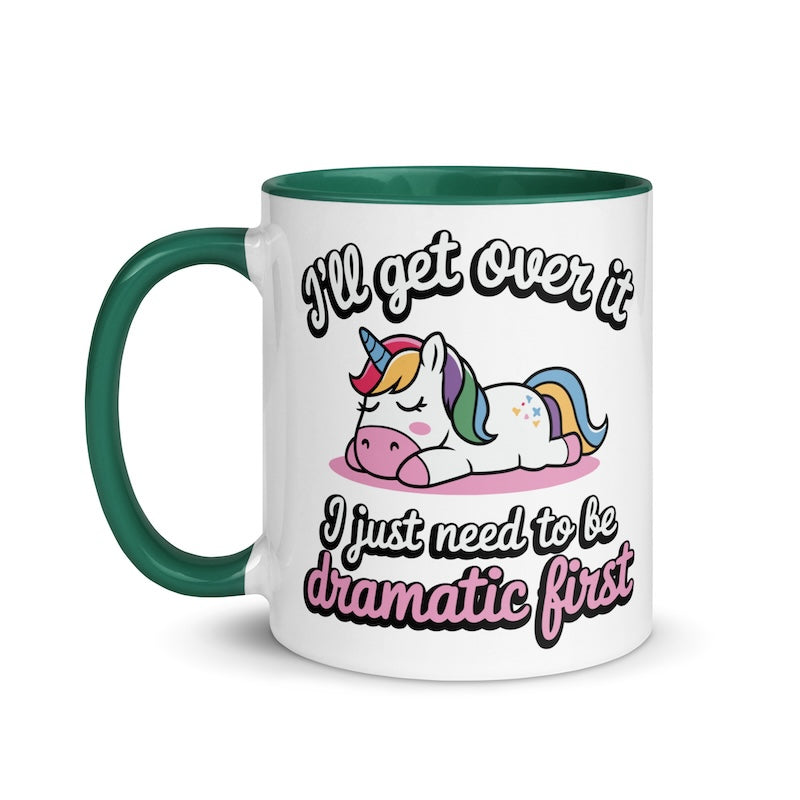 Mug with a unicorn design and humorous text on a white background