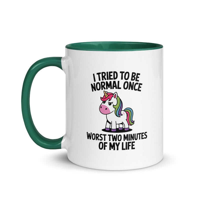 Mug with unicorn graphic and humorous text on a white background