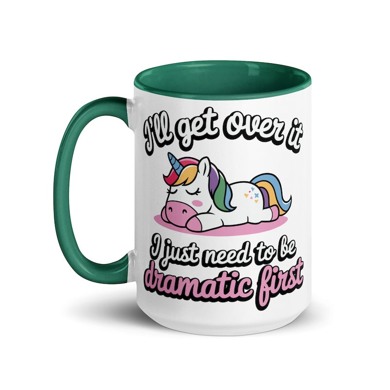 Mug with a unicorn illustration and humorous text on a white background