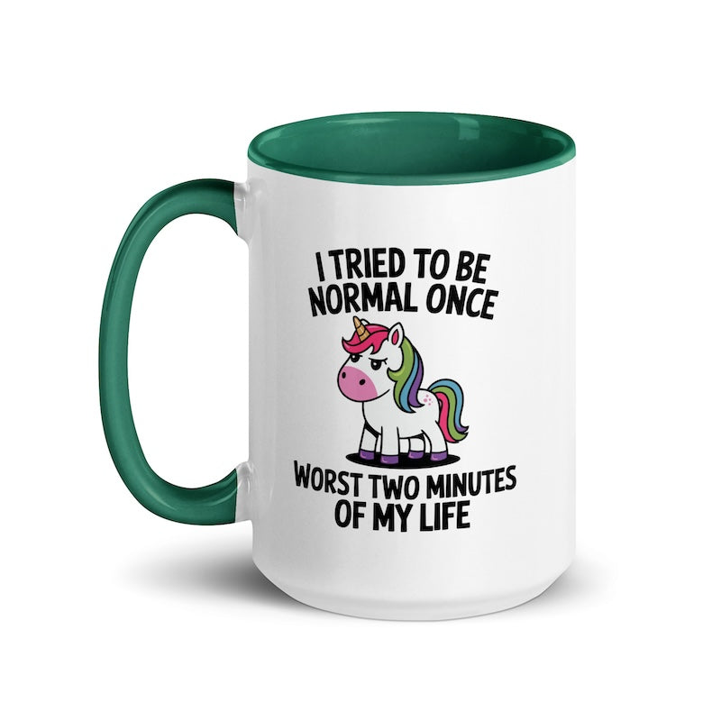 Mug with unicorn design and text on a white background