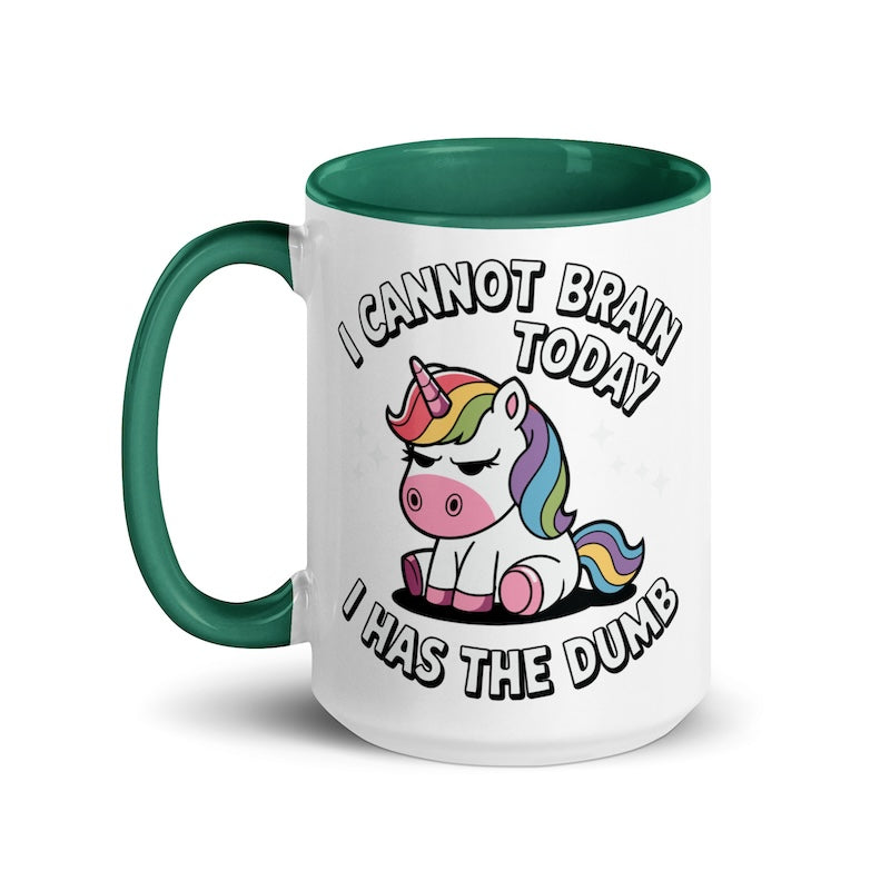 Mug with a unicorn design and humorous text on a white background