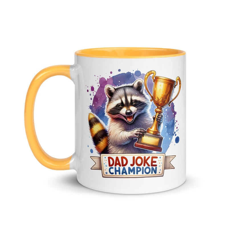 Mug with a raccoon holding a trophy and 'Dad Joke Champion' text on a white background