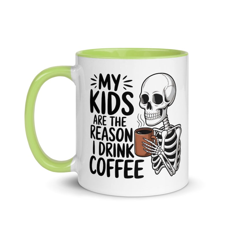 Mug with skeleton design and text 'My kids are the reason I drink coffee' on a white background