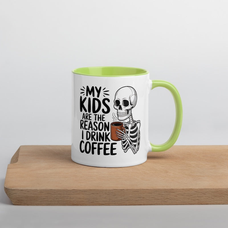 Mug with skeleton design and text on a wooden surface
