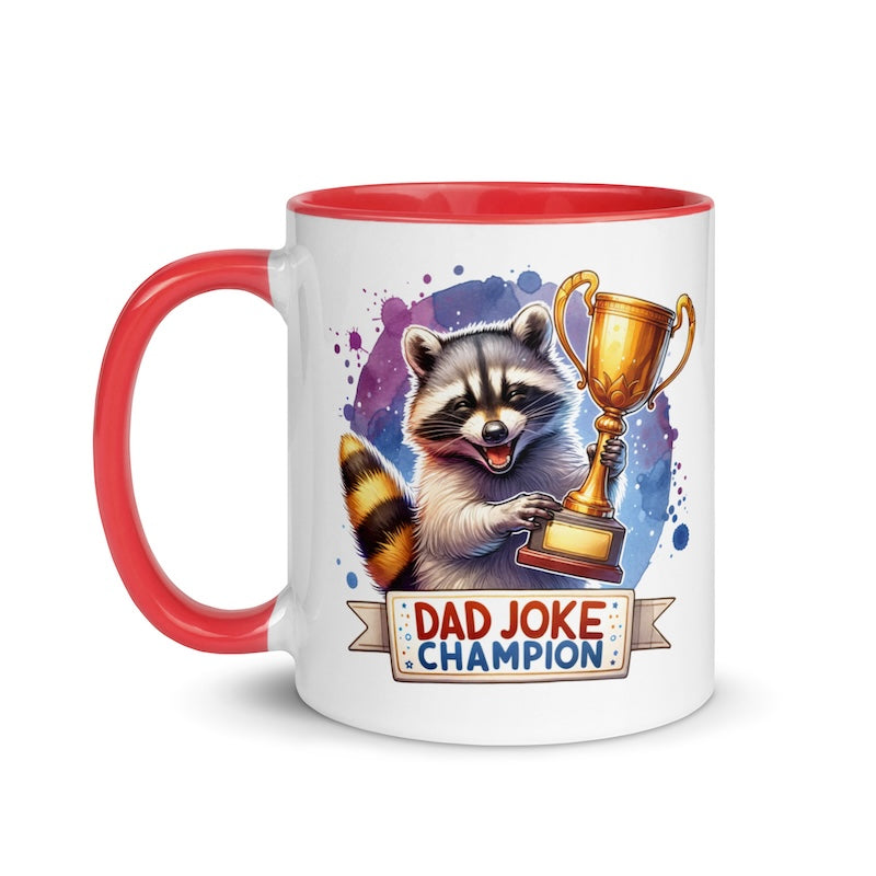 Mug with a raccoon holding a trophy and 'Dad Joke Champion' text on a white background