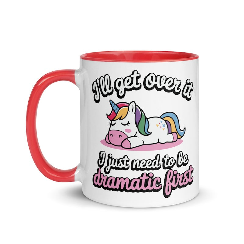 Mug with a unicorn illustration and humorous text on a white background