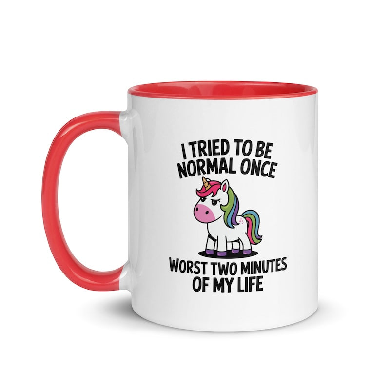 Mug with unicorn graphic and humorous text on a white background