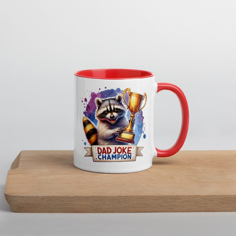 Mug with raccoon holding a trophy and 'Dad Joke Champion' text on a white background