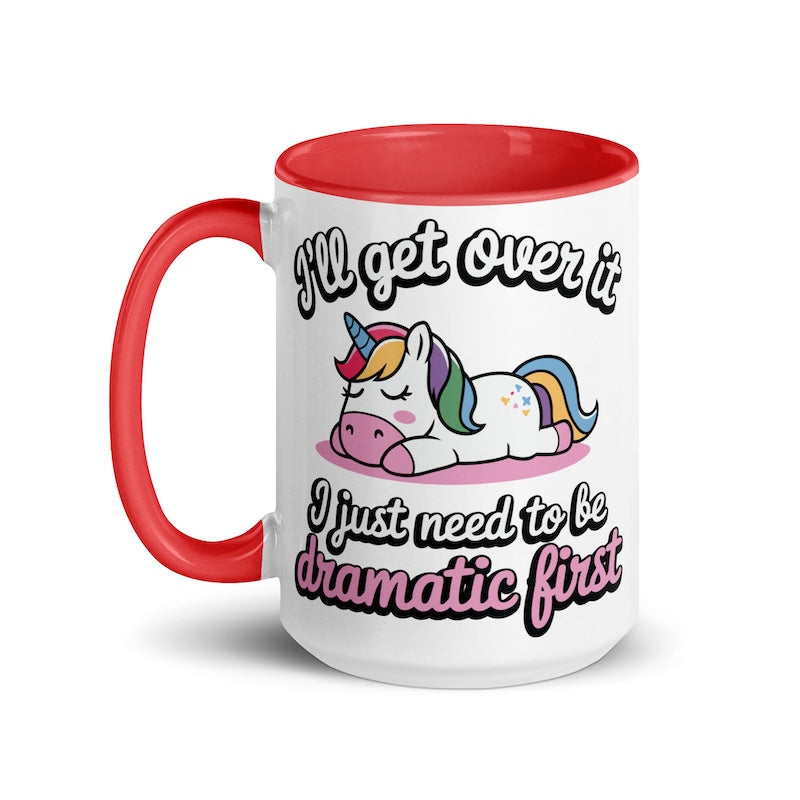 Mug with a unicorn illustration and humorous text on a white background