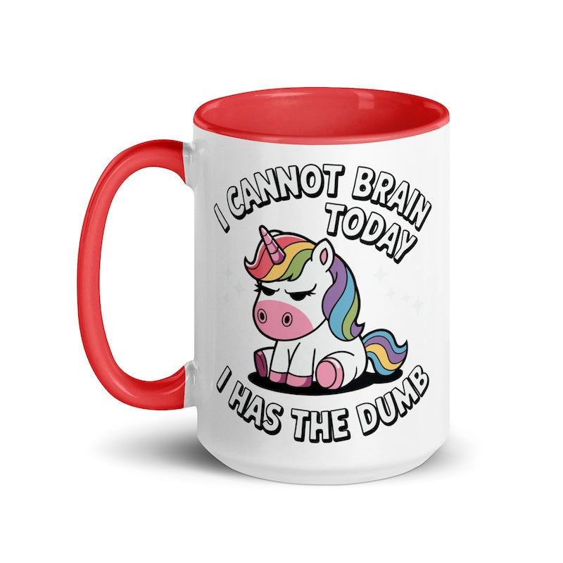 Mug with a unicorn design and humorous text on a white background