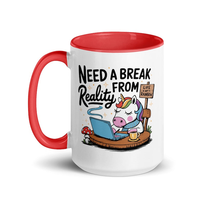 Mug with cartoon design and text 'Need a Break from Reality' on a white background