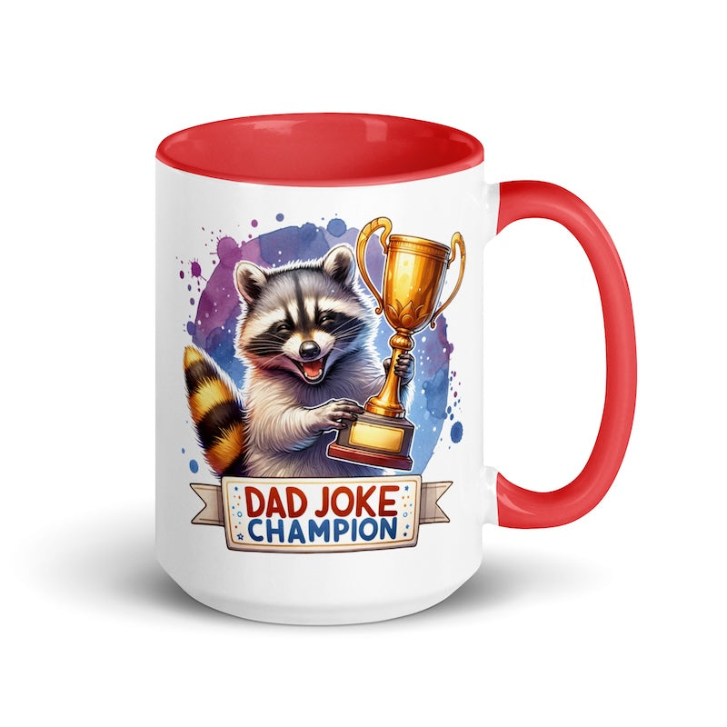 Mug with raccoon holding a trophy and 'Dad Joke Champion' text on a white background