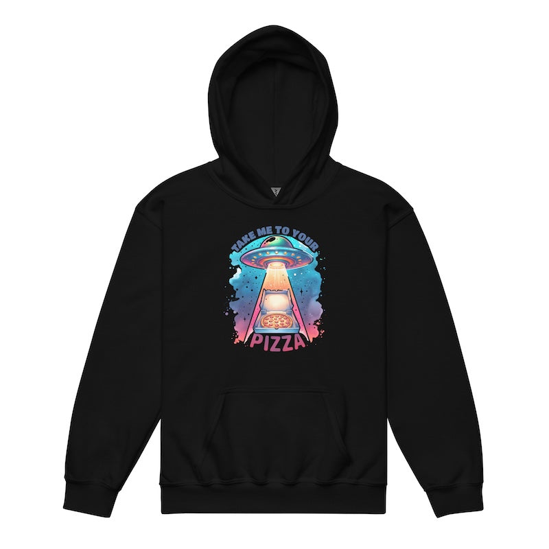 Black hoodie with a colorful alien pizza delivery graphic on a white background