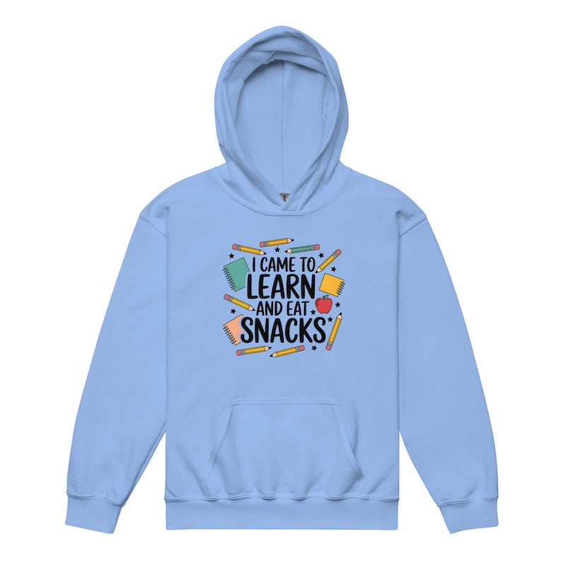 Light blue hoodie with text and graphics on a white background