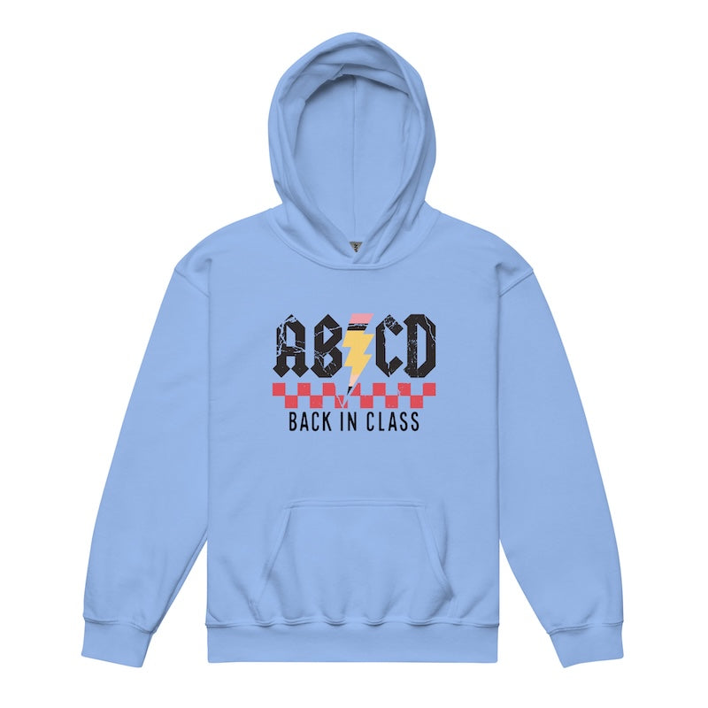 Light blue hoodie with 'ABCD Back in Class' text and graphics on a white background