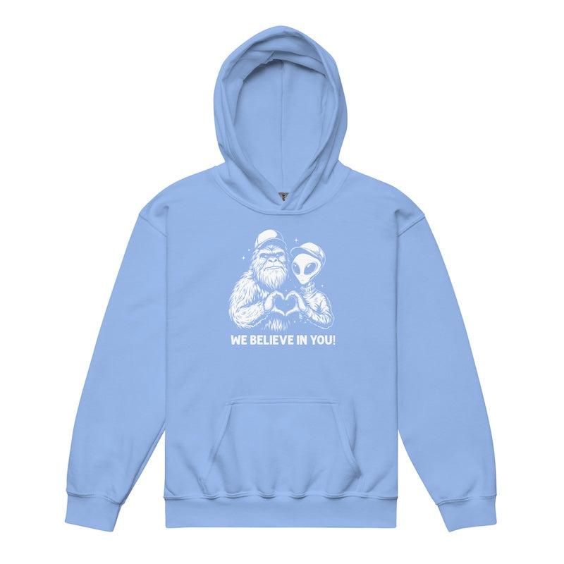 Light blue hoodie with a graphic design and text on a white background