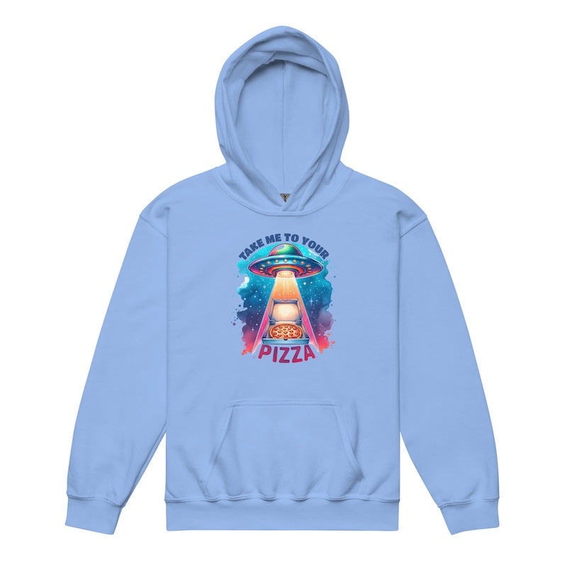 Light blue hoodie with a colorful alien spaceship and pizza graphic on a white background