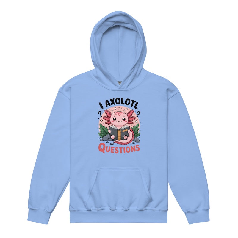 Light blue hoodie with axolotl graphic and text on a white background