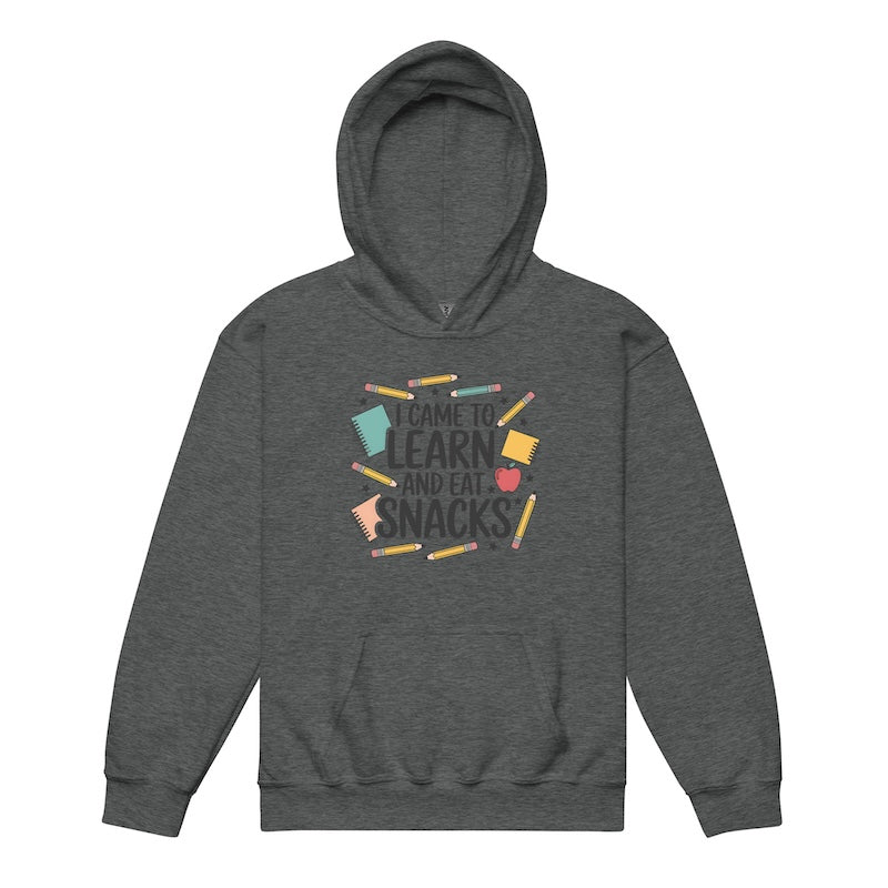Gray hoodie with educational-themed design on a white background
