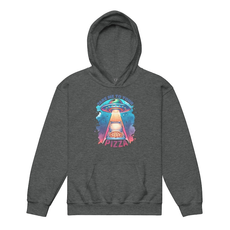 Gray hoodie with a colorful alien pizza graphic on a white background