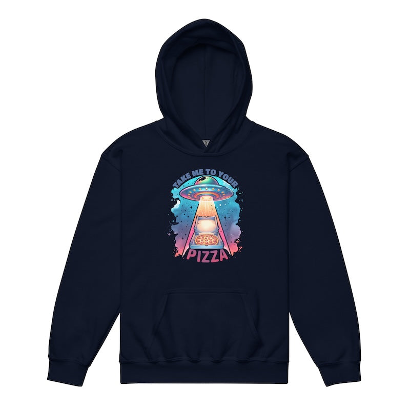 Navy hoodie with a colorful alien pizza graphic on a white background