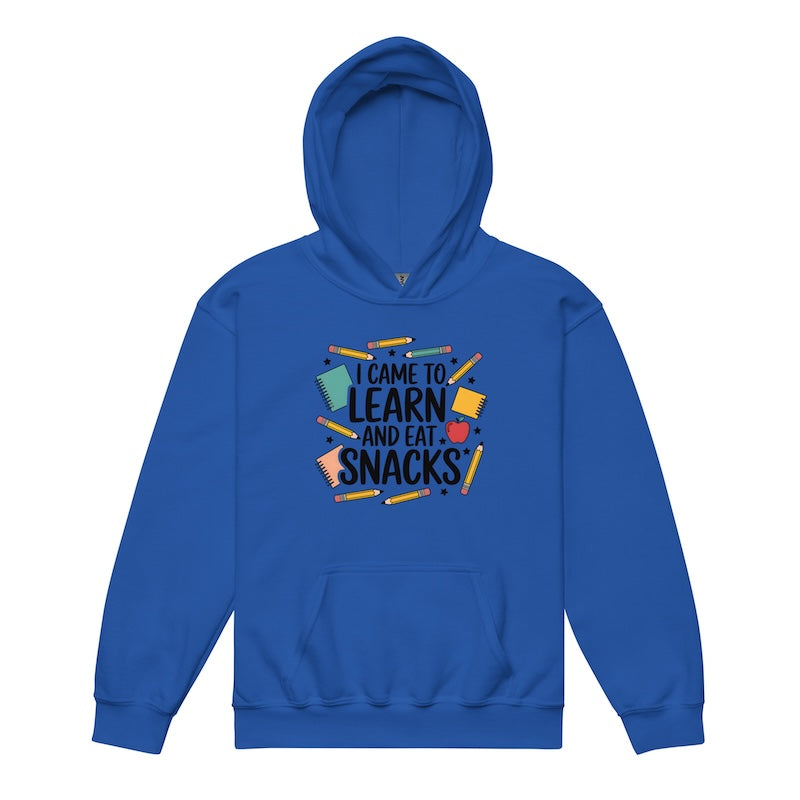 Blue hoodie with text and graphics on a white background