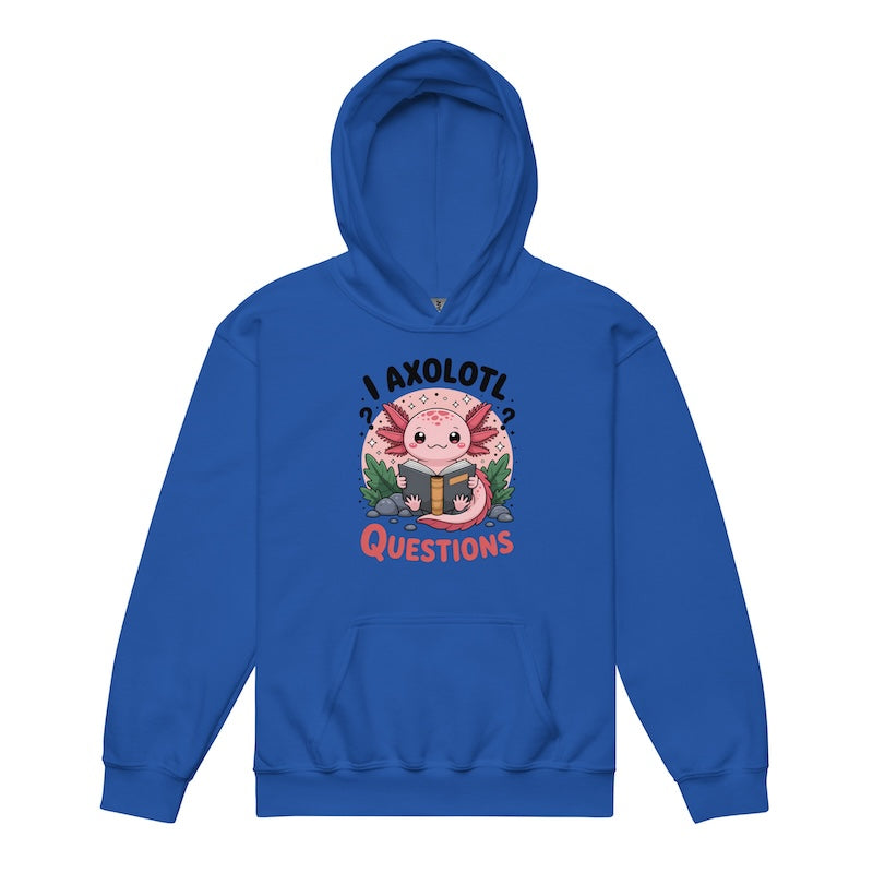 Blue hoodie with a cartoon axolotl reading a book and text 'I axolotl questions' on a white background
