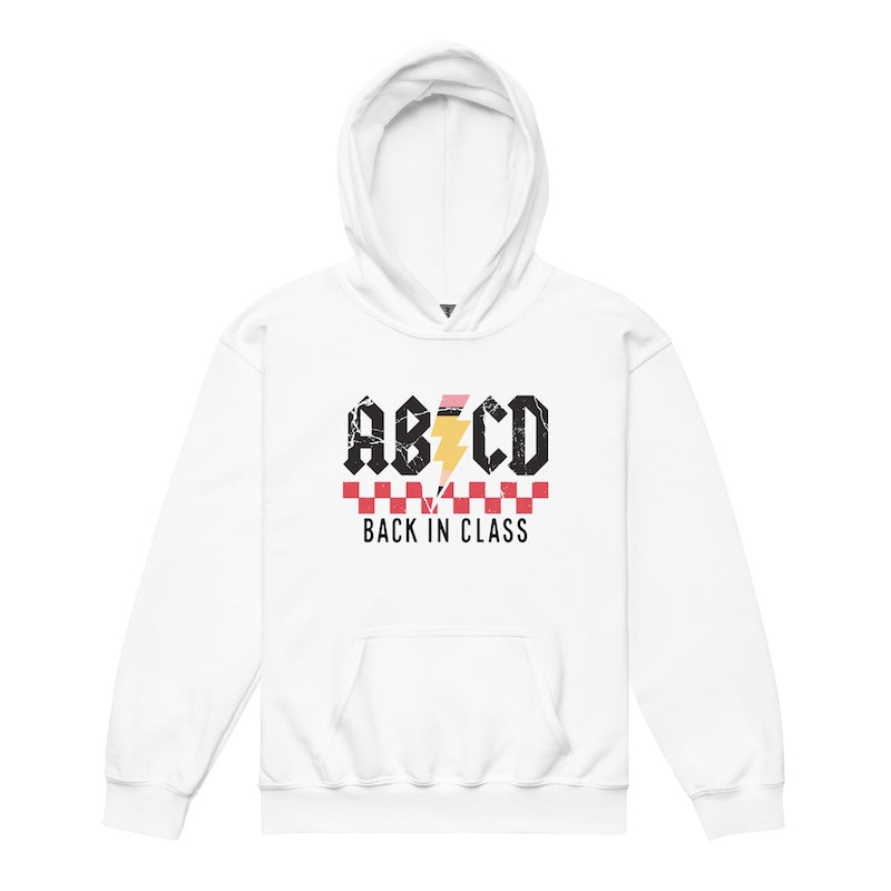 White hoodie with 'ABCD Back in Class' text and design on a white background