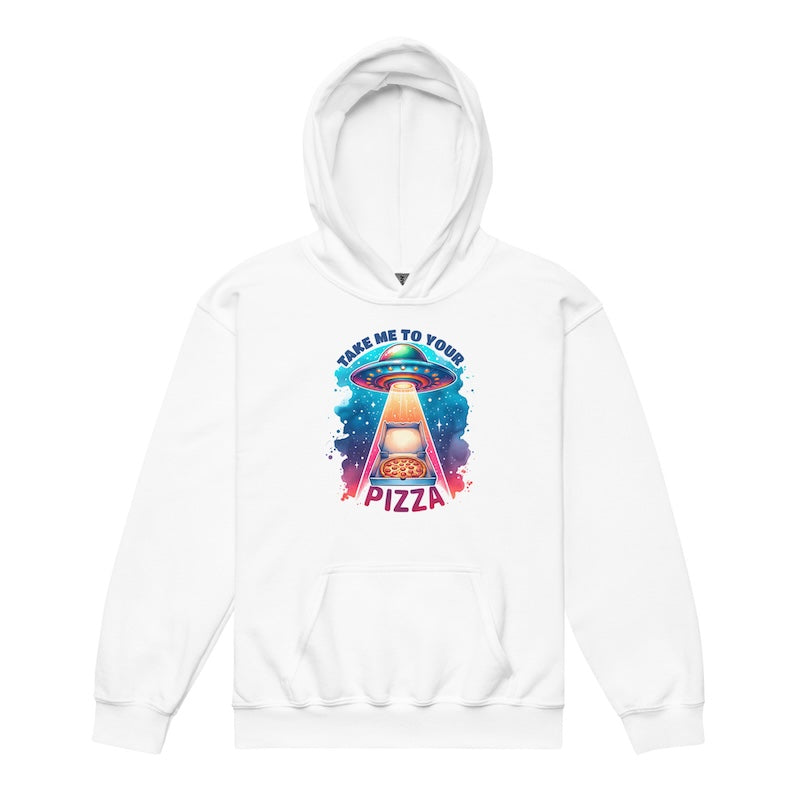 White hoodie with a colorful graphic design on a white background