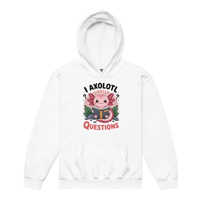White hoodie with axolotl graphic and text on a white background