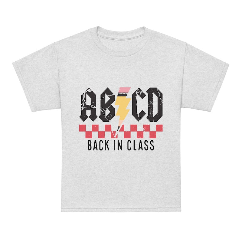 Gray t-shirt with 'ABCD Back in Class' design on a white background