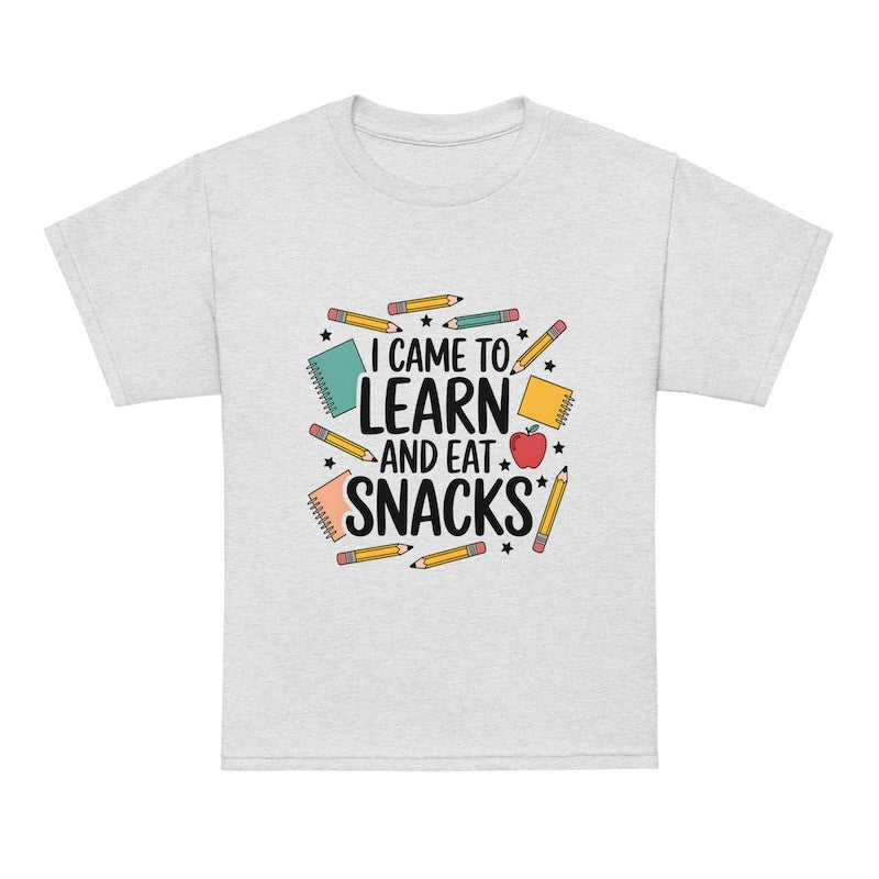 White t-shirt with colorful text and graphics on a white background