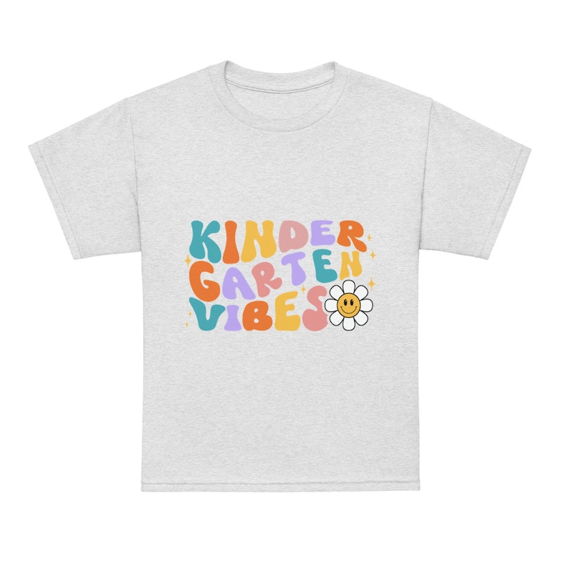Gray t-shirt with 'KinderGarten Vibes' text and flower graphic on a white background