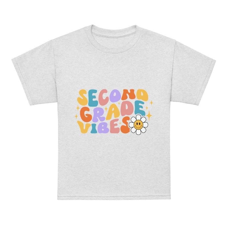 Gray t-shirt with 'Second Grade Vibes' text and a flower graphic on a white background