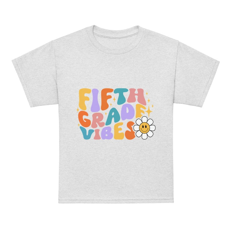 Gray t-shirt with 'Fifth Grade Vibes' text and a flower graphic on a white background