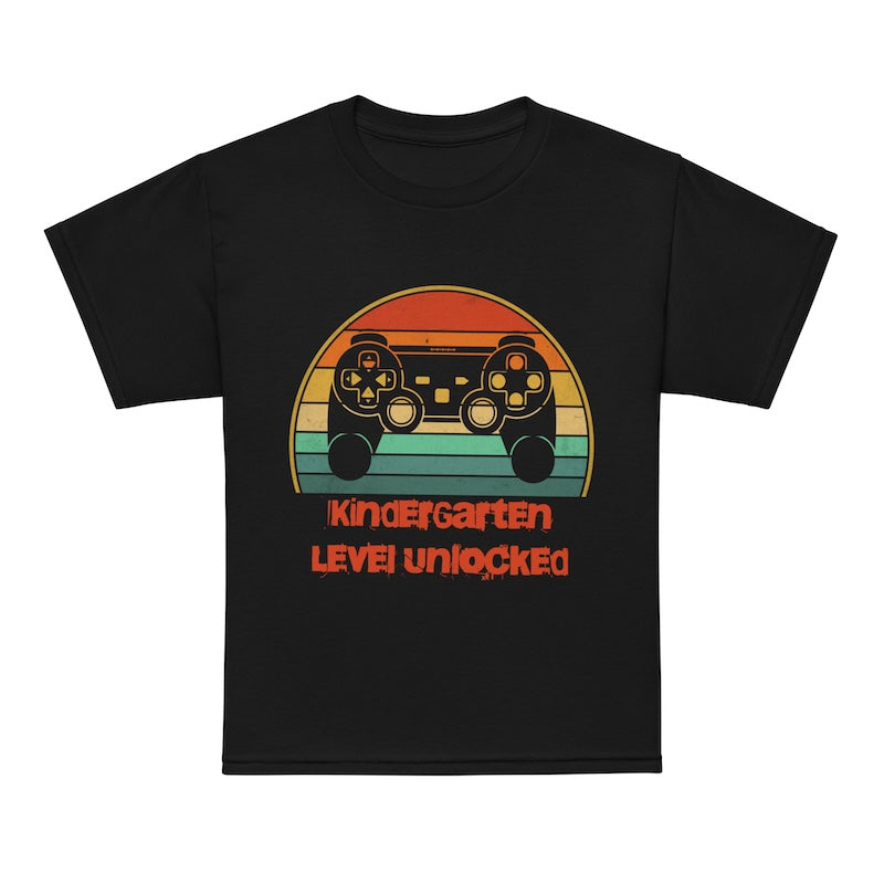 Black t-shirt with a colorful graphic and 'Kindergarten Level Unlocked' text on a white background