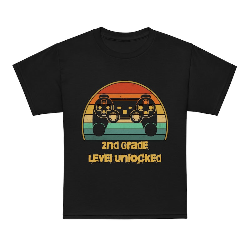 Black t-shirt with a colorful graphic and text on a white background