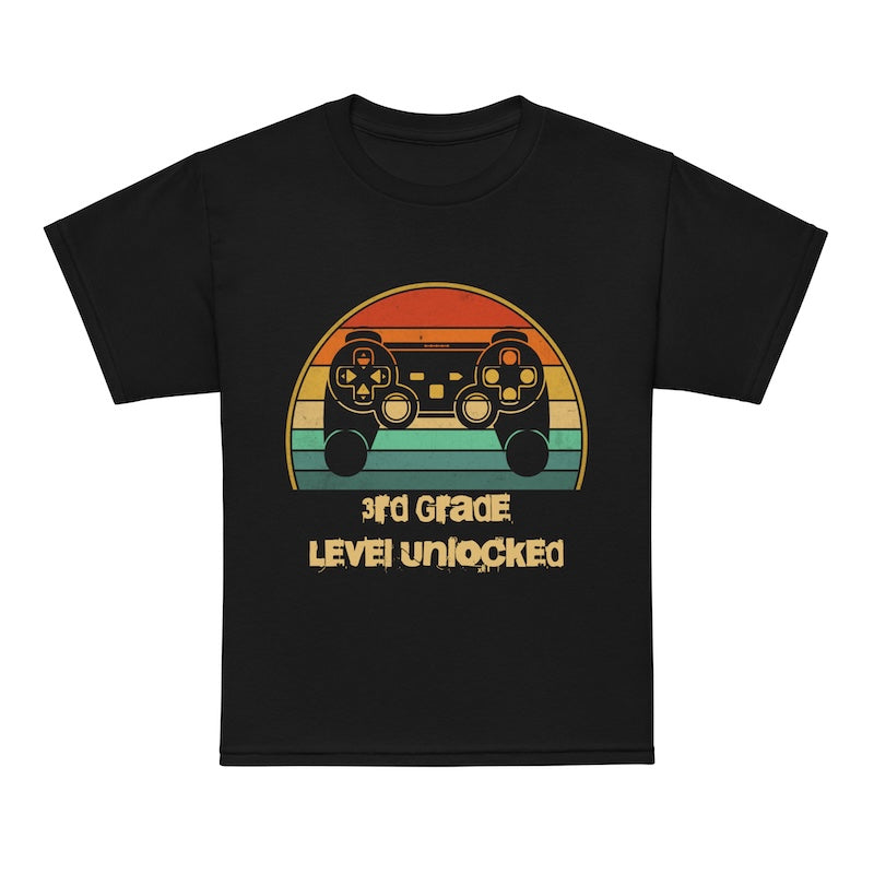 Black t-shirt with a colorful graphic and text on a white background