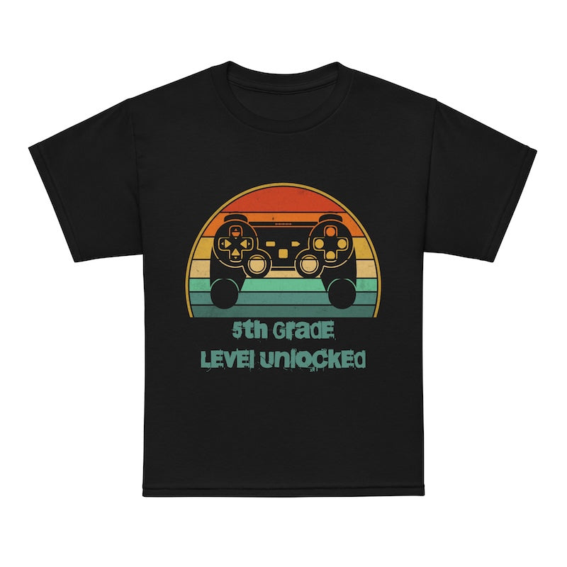 Black t-shirt with a colorful gaming controller graphic and text on a white background