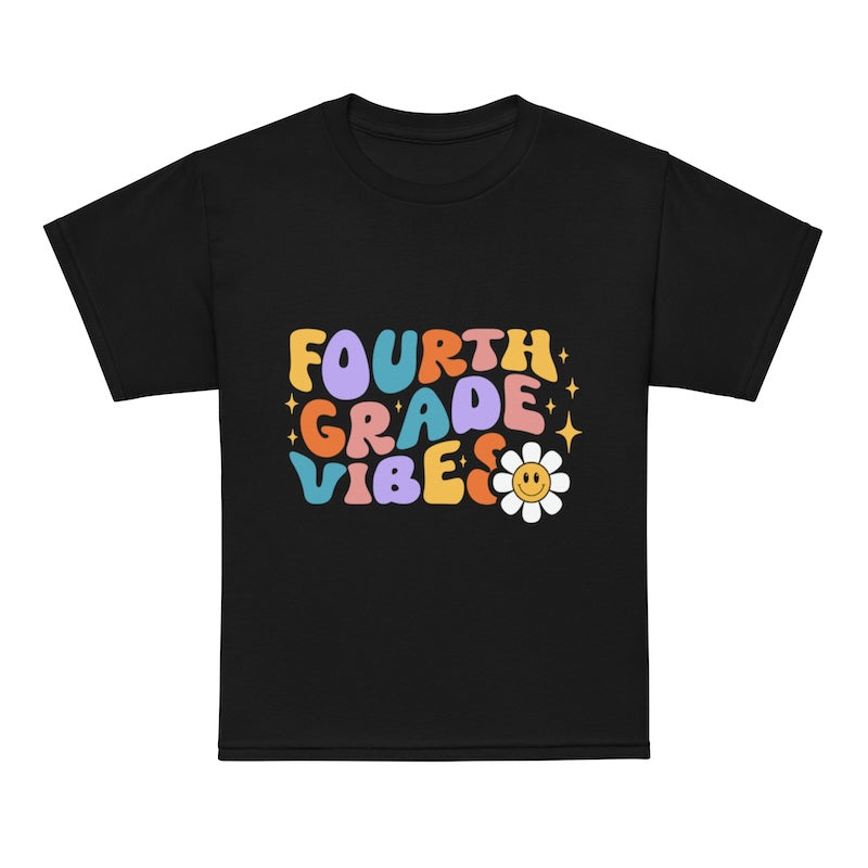 Black t-shirt with colorful 'Fourth Grade Vibes' text and a flower graphic on a white background